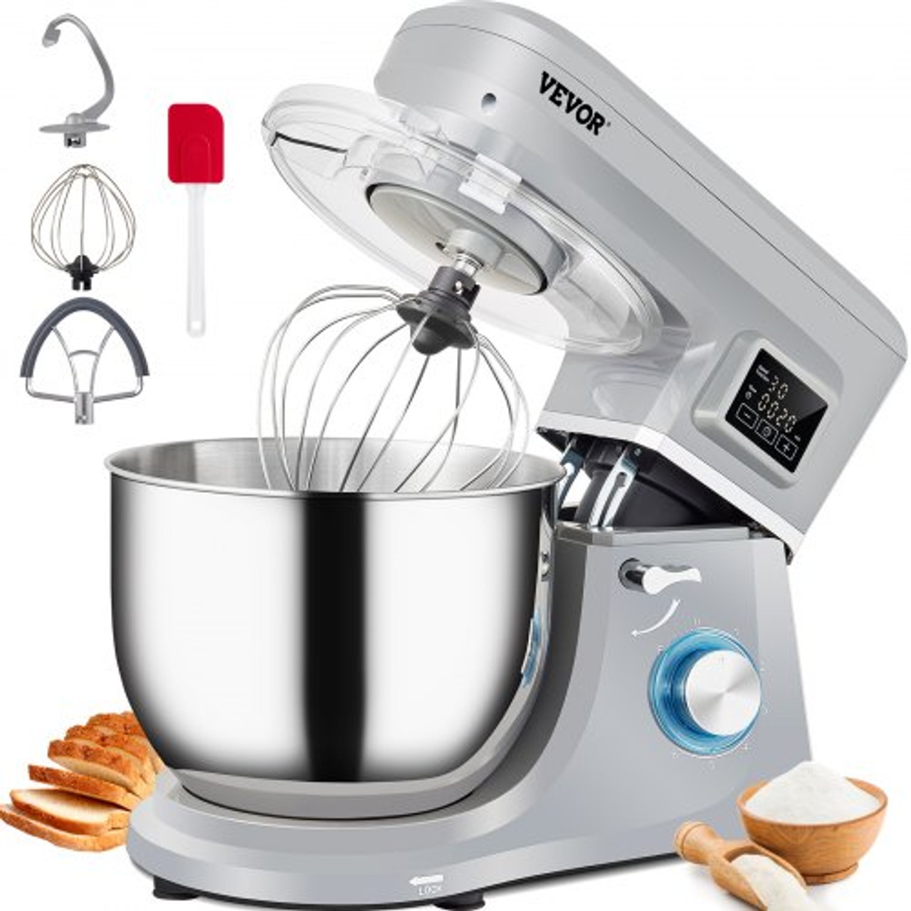 Stand Mixer, 660W Electric Dough Mixer with 6 Speeds LCD Screen Timing, Tilt-Head Food Mixer with 7.4 Qt Stainless Steel Bowl, Dough Hook, Flat Beater, Whisk, Scraper, Splash-Proof Cover - Gray
