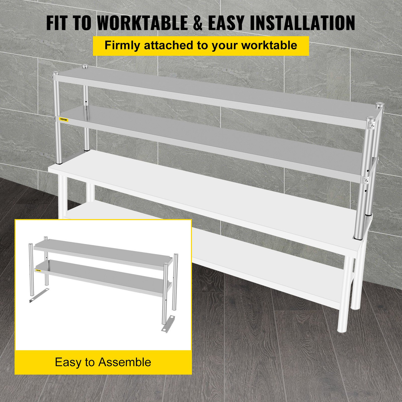 Double Overshelf, Double Tier Stainless Steel Overshelf, 72 in Length x 12 in Width Double Deck Overshelf, Height Adjustable Overshelf for Prep & Work Table in Kitchen, Restaurant and Workshop