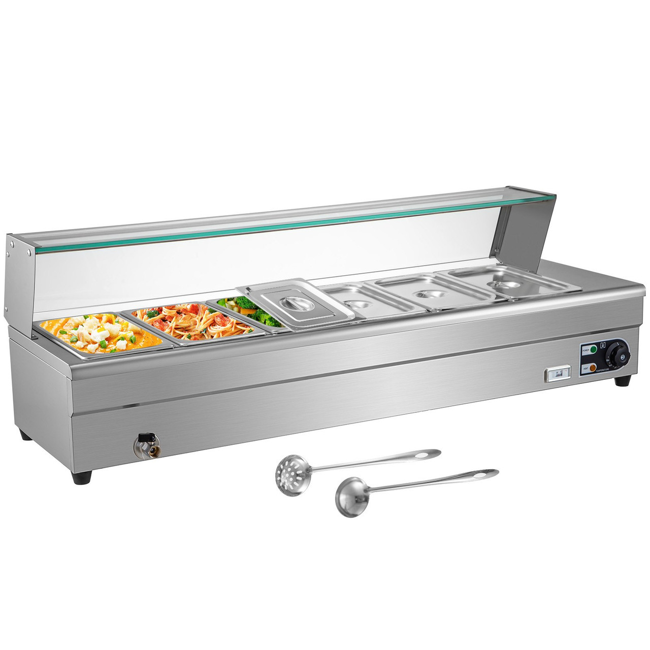110V Bain Marie Food Warmer 6 Pan x 1/3 GN, Food Grade Stainelss Steel Commercial Food Steam Table 6-Inch Deep, 1500W Electric Countertop Food Warmer 42 Quart with Tempered Glass Shield