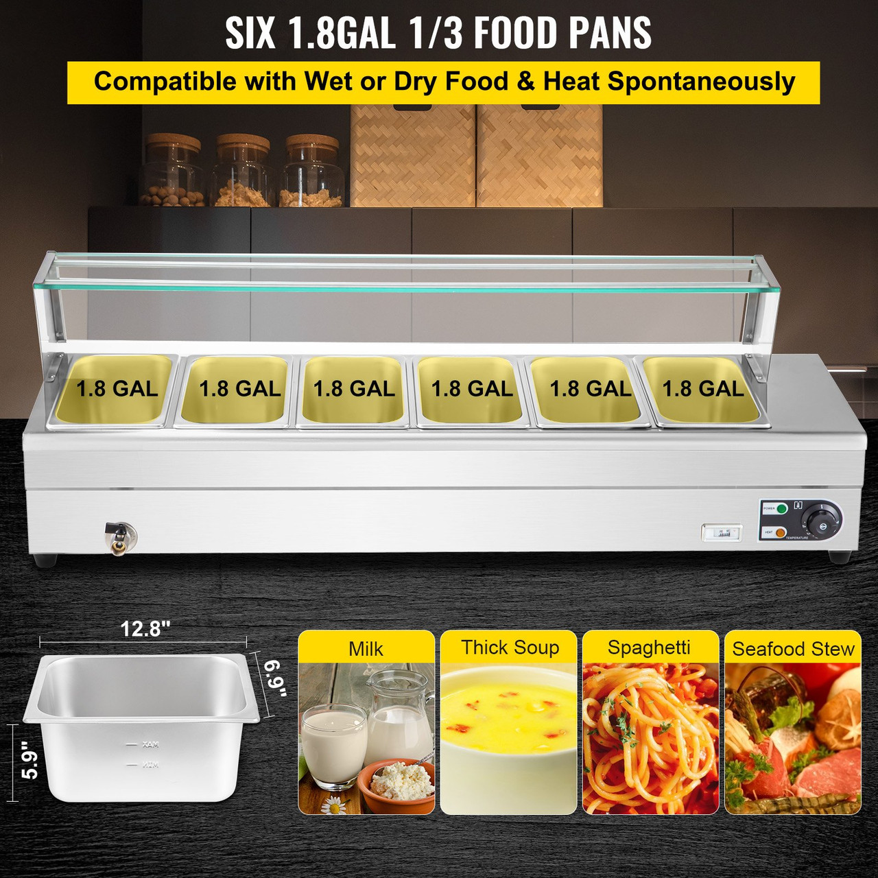 110V Bain Marie Food Warmer 6 Pan x 1/3 GN, Food Grade Stainelss Steel Commercial Food Steam Table 6-Inch Deep, 1500W Electric Countertop Food Warmer 42 Quart with Tempered Glass Shield