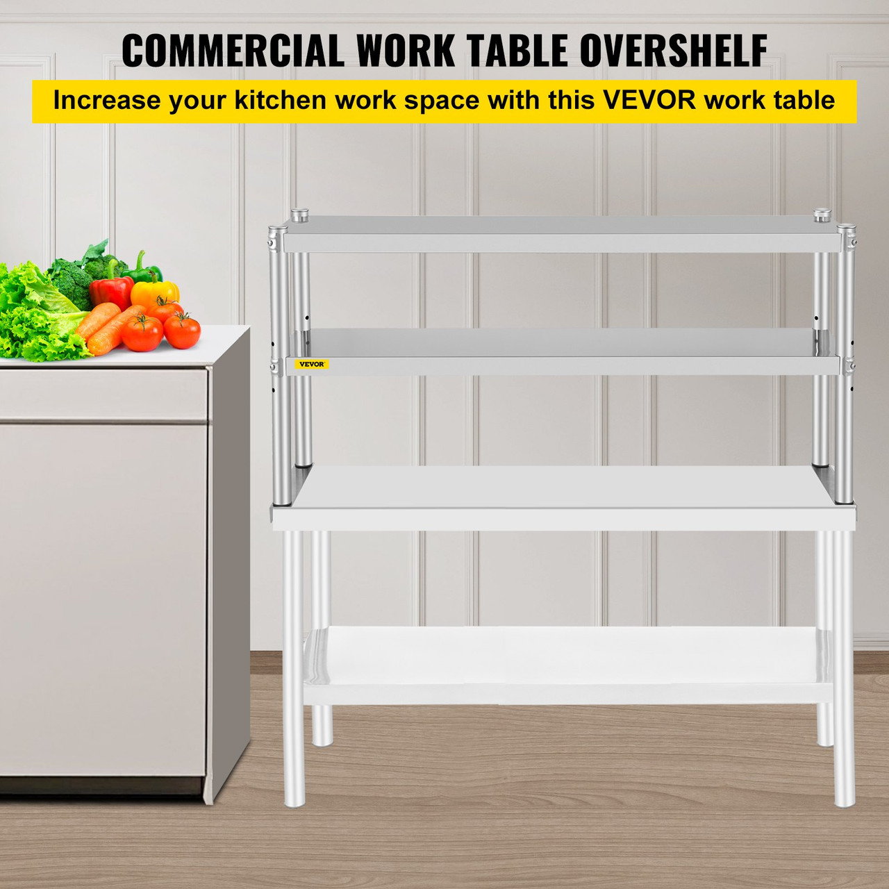 Double Overshelf, Double Tier Stainless Steel Overshelf, 48 x 12 x 24 in Double Deck Overshelf, Height Adjustable Overshelf for Prep & Work Table in Kitchen, Restaurant