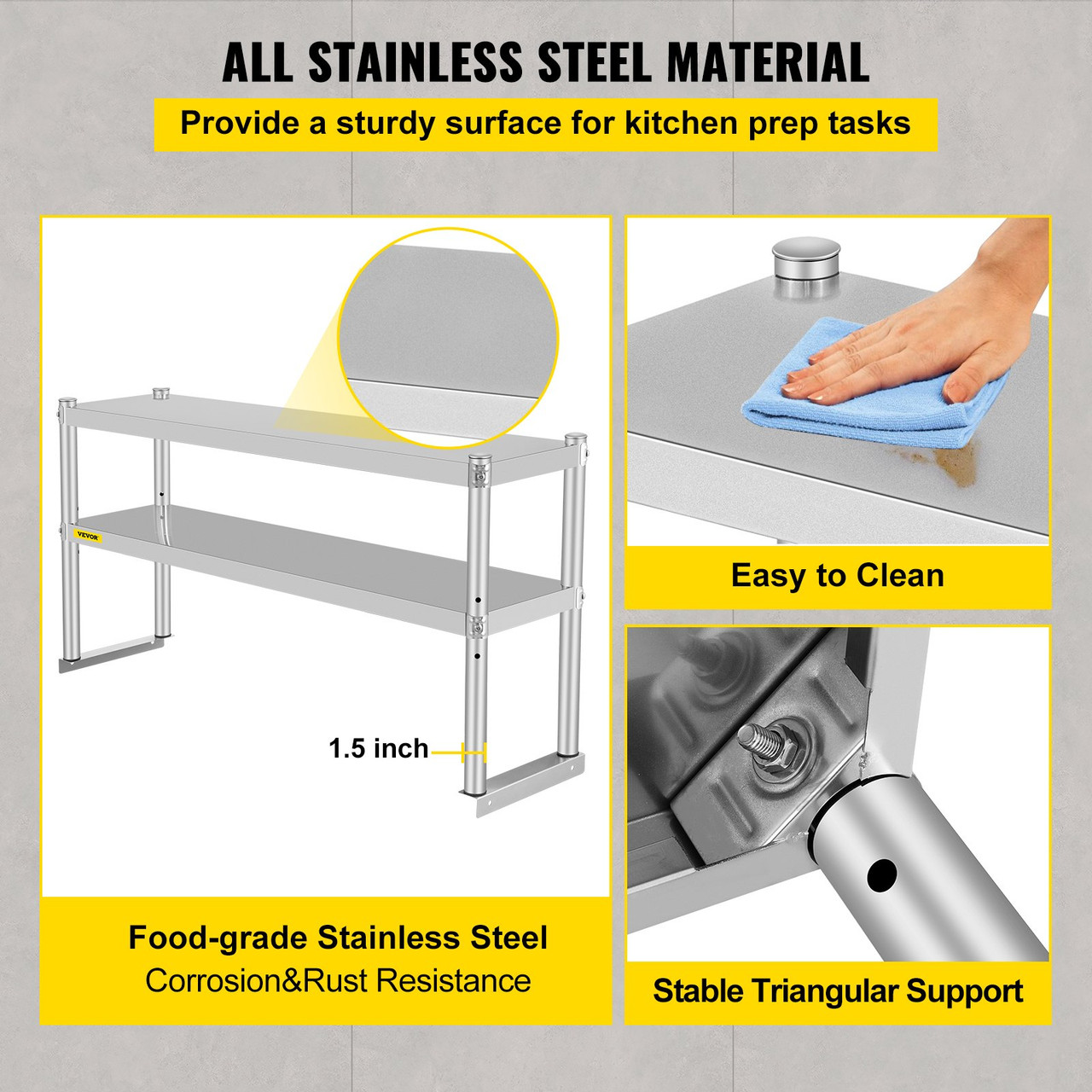 Double Overshelf, Double Tier Stainless Steel Overshelf, 48 x 12 x 24 in Double Deck Overshelf, Height Adjustable Overshelf for Prep & Work Table in Kitchen, Restaurant