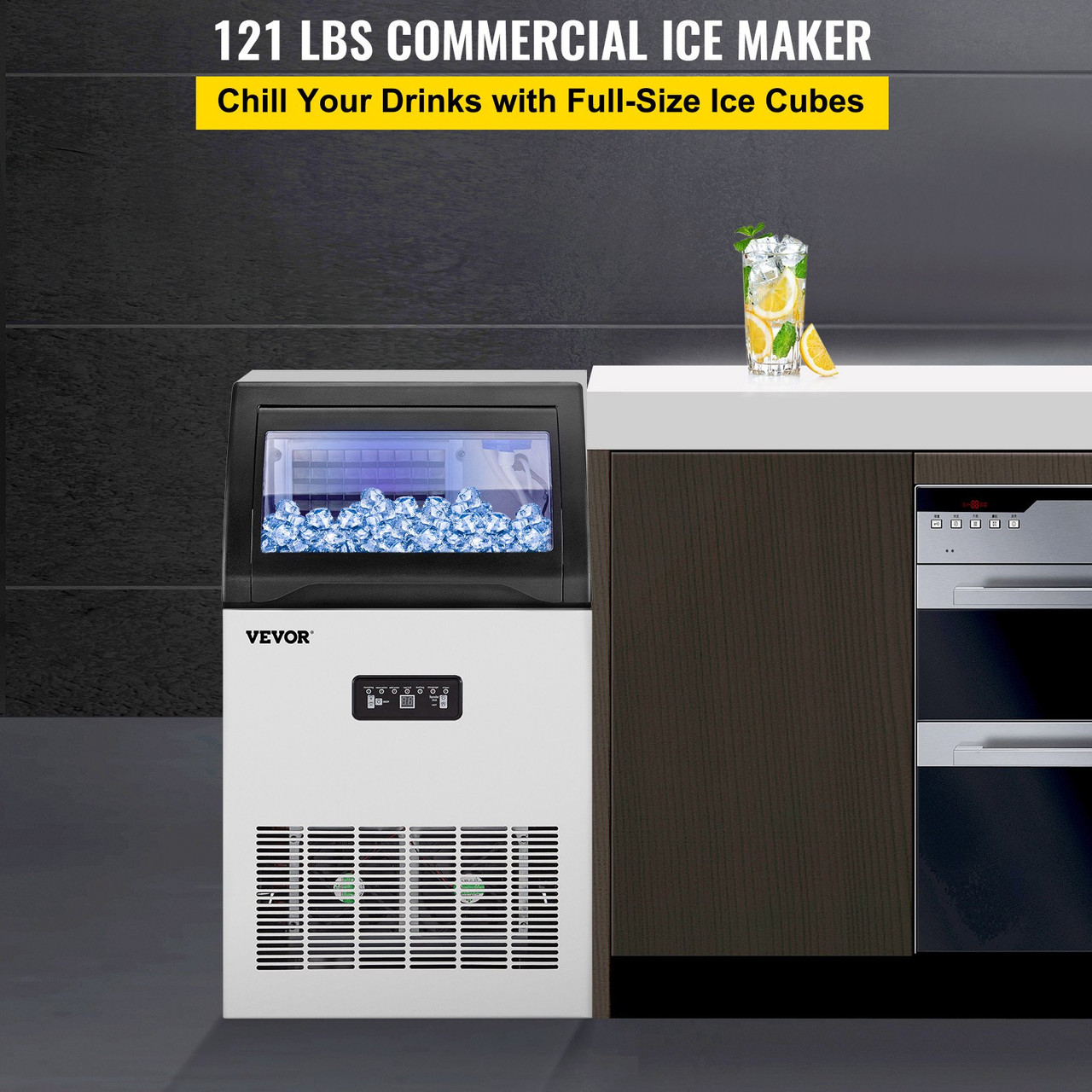 110V Commercial Ice Maker Machine 120LBS/24H Stainless Steel Ice Machine with 29LBS Storage for Home Office Shop Bart, 50 Ice Cubes Ready in 11-15Mins, Water Filter and Connection Hose Included