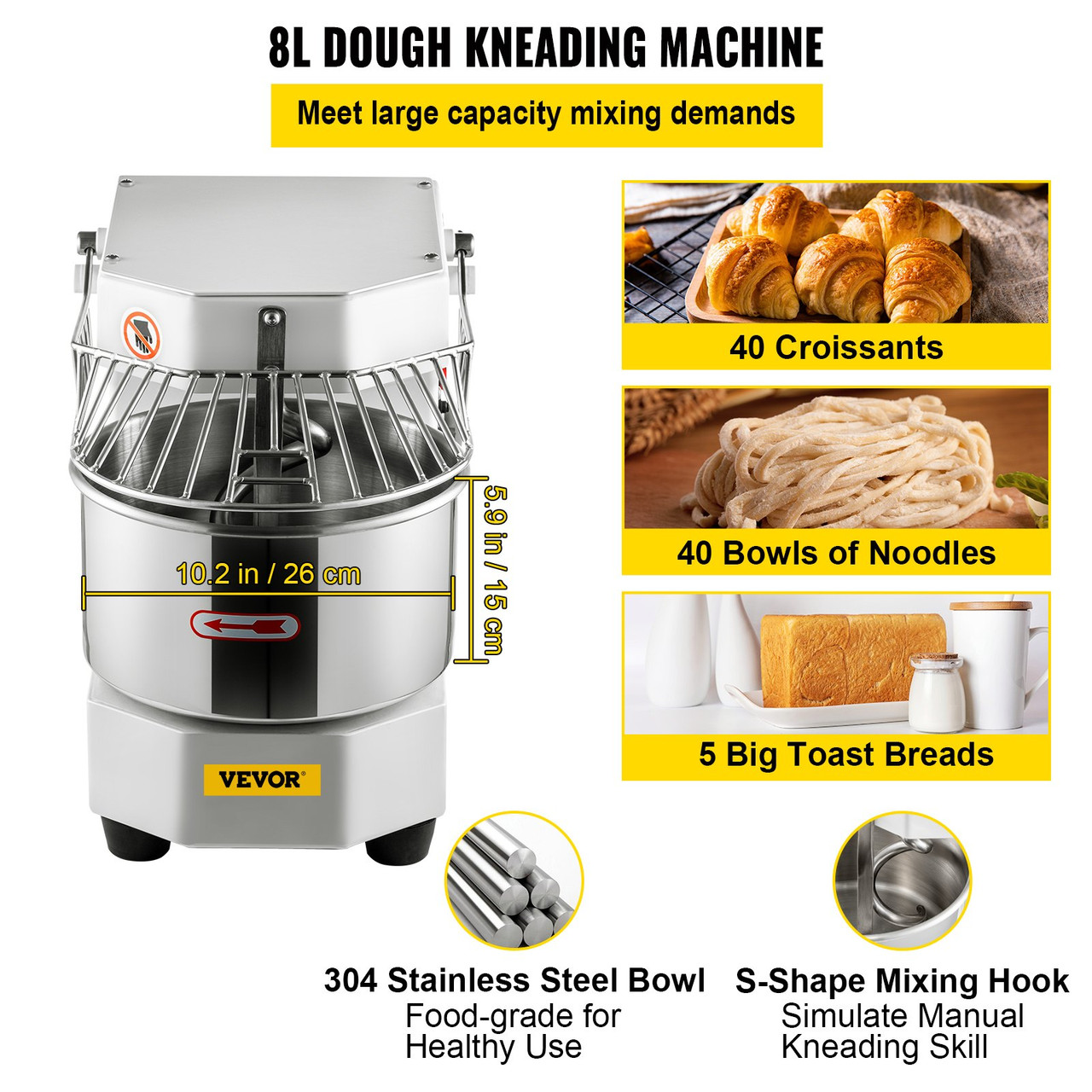 Commercial Food Mixer, 7.3Qt Capacity, 450W Dual Rotating Dough Kneading Machine with Food-grade Stainless Steel Bowl, Security Shield & Timer Included, Baking Equipment for Restaurant Pizzeria