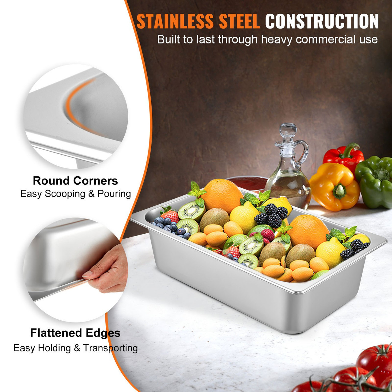 Hotel Pan Full Size 6-Inch, Steam Table Pan 6 Pack, 22 Gauge/0.8mm Thick Stainless Steel Full Size Hotel Pan Anti Jam Steam Table Pan