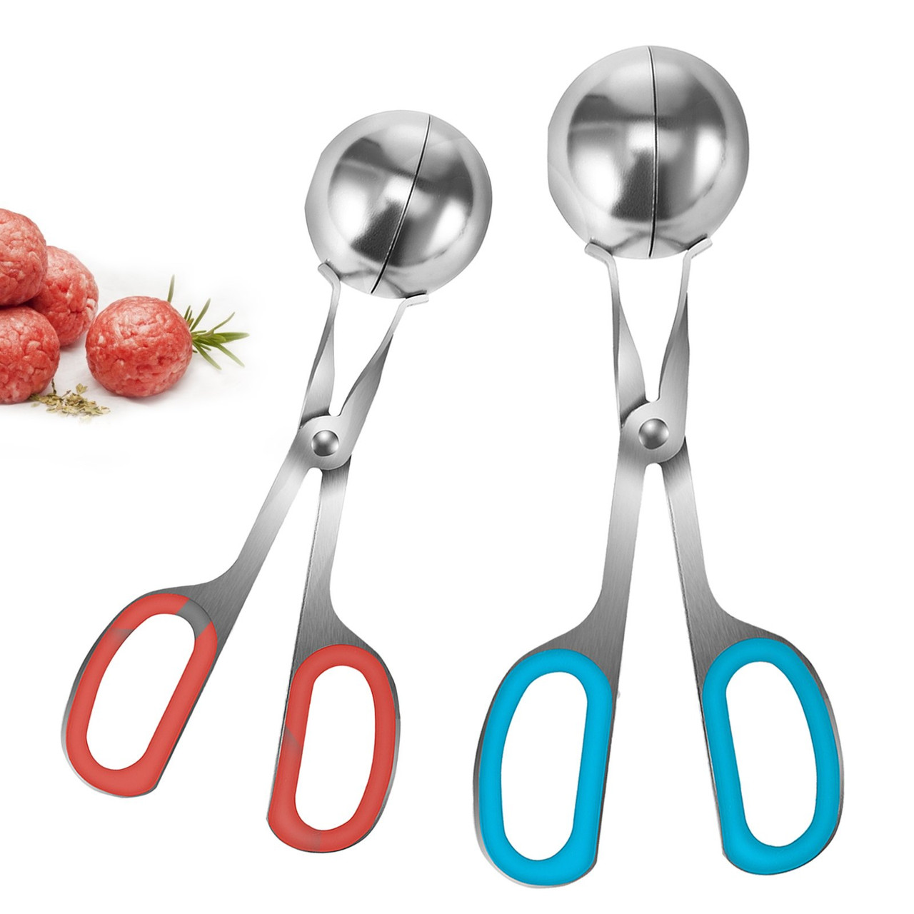 Meatball Maker Tongs, 2 PCS per Pack, 1.5" & 2.2" Meat Baller Scoops, Stainless Steel Cake Pop Scoop Ball Maker with Red & Blue Rubber Handles, Meatball Tongs for Meat Fruits Cake Ice Cream