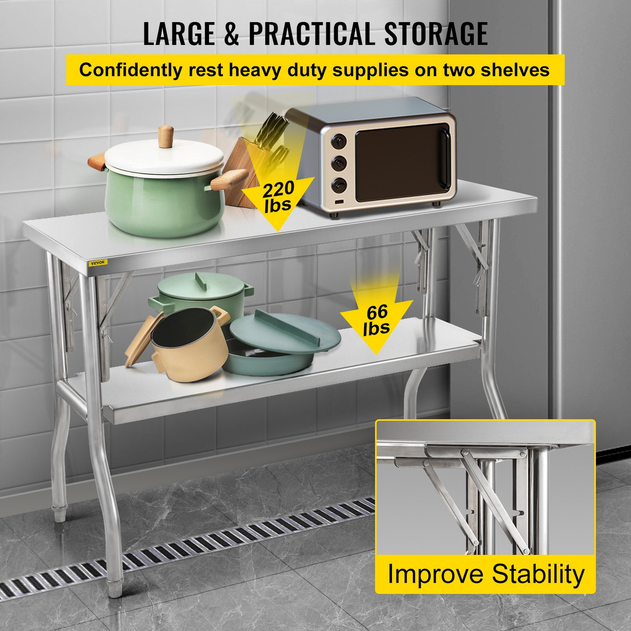 Commercial Worktable Workstation 48 x 24 Inch Folding Commercial Prep Table, Heavy-duty Stainless Steel Folding Table with 772 lbs Load, Kitchen Work Table, Silver Stainless Steel Kitchen Island