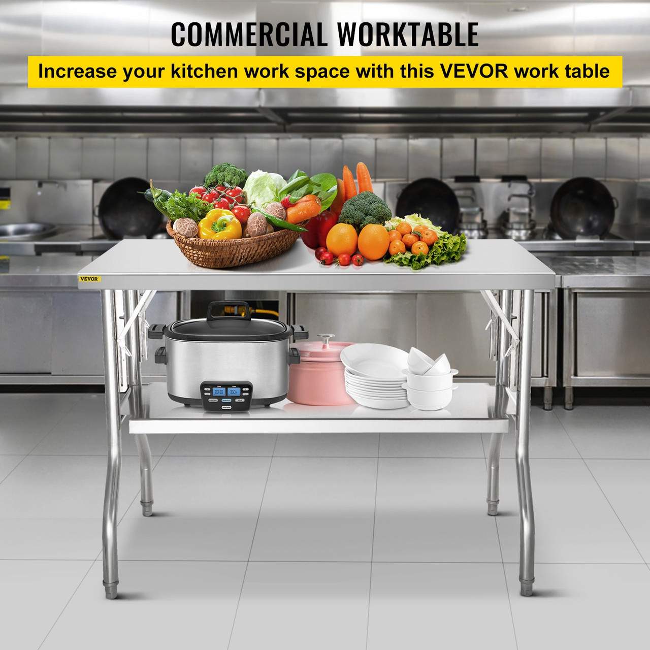 Commercial Worktable Workstation 48 x 24 Inch Folding Commercial Prep Table, Heavy-duty Stainless Steel Folding Table with 772 lbs Load, Kitchen Work Table, Silver Stainless Steel Kitchen Island