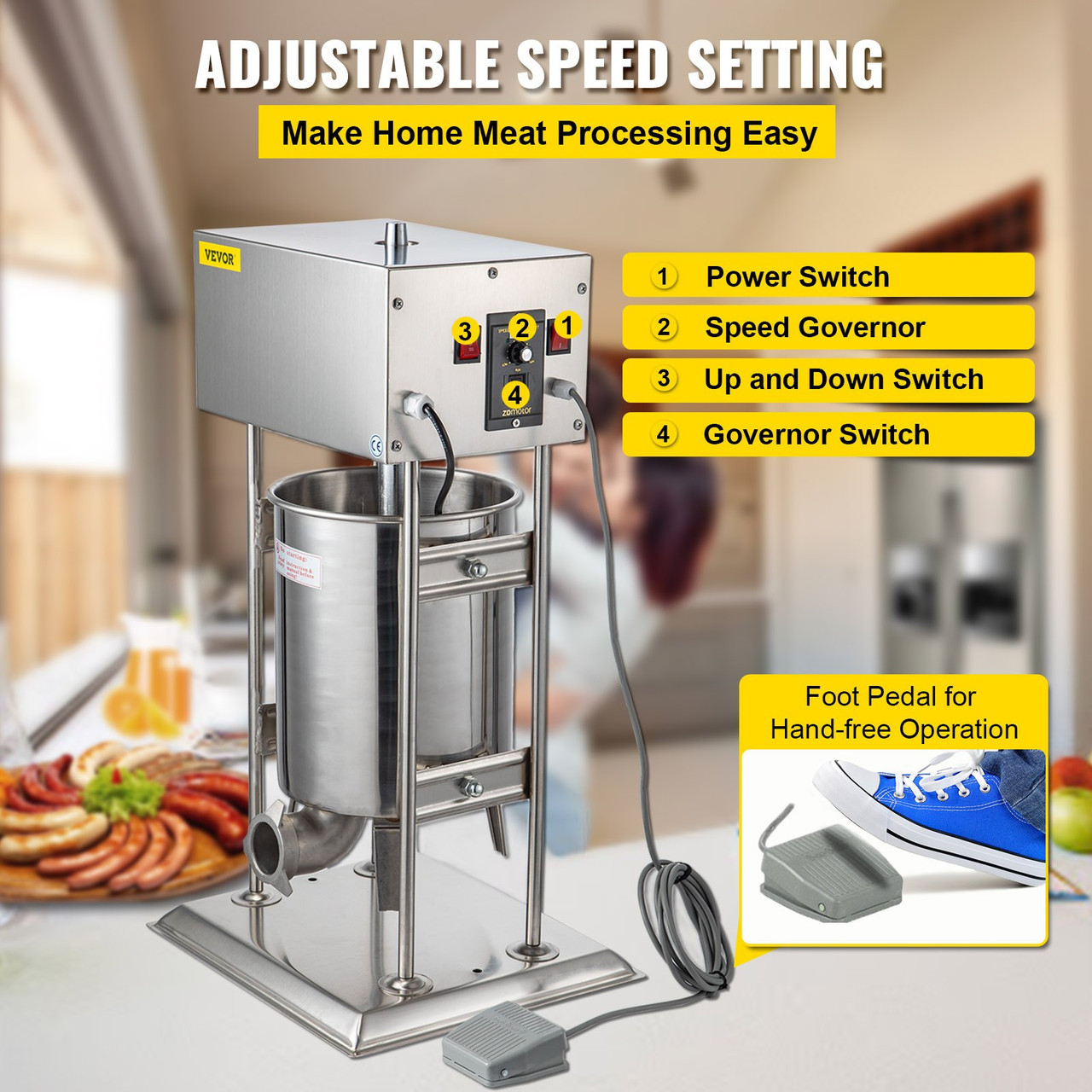 Electric Sausage Stuffer 12L Capacity, Vertical Meat Stuffer Various Speed  Control, Stainless Steel Sausage Filler with 4 Sausage Tubes for Commercial