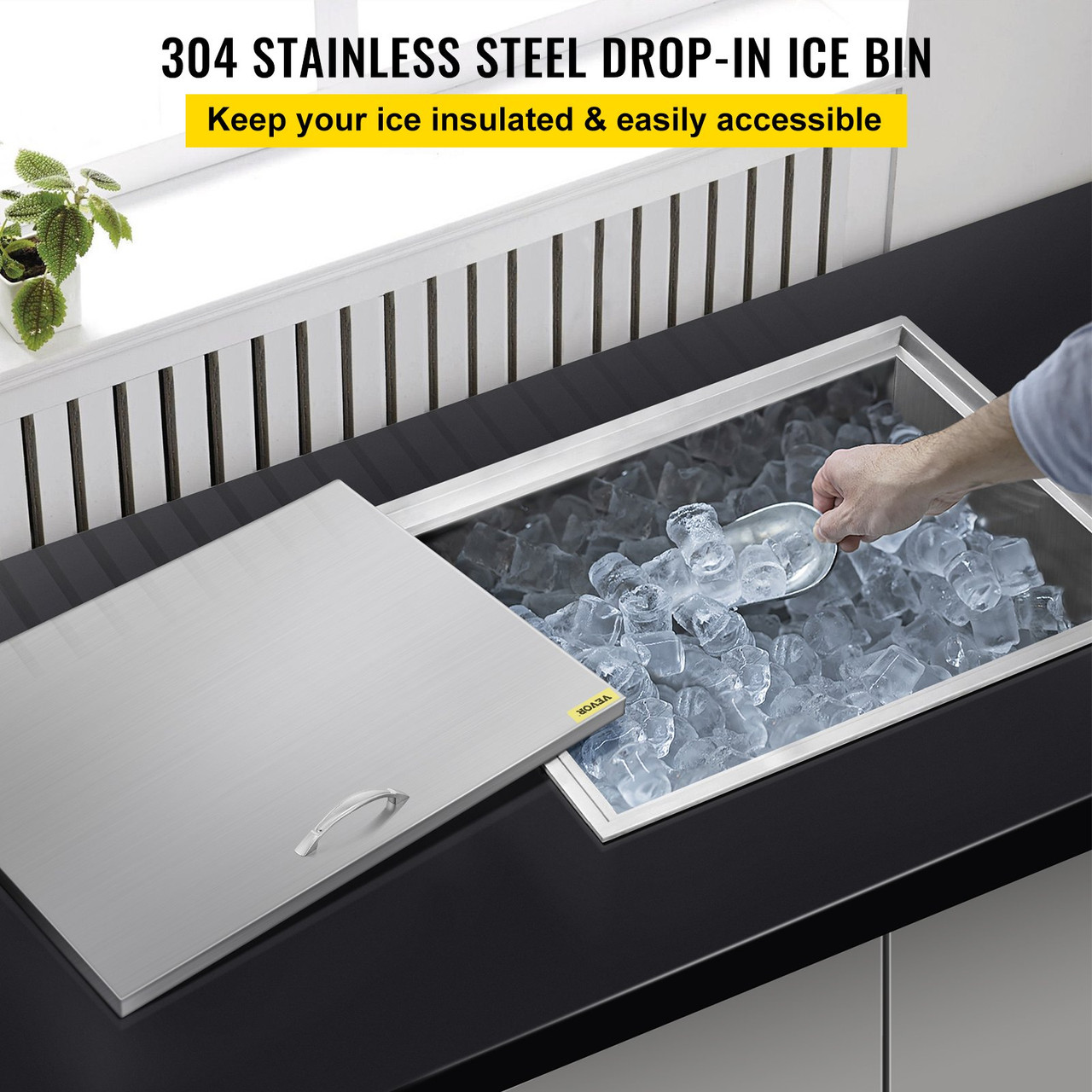 Drop in Ice Chest 22''L x 17''W x 12''H with Cover 304 Stainless Steel Drop in Cooler Included Drain-pipe and Drain Plug Drop in Ice Bin for Cold Wine Beer