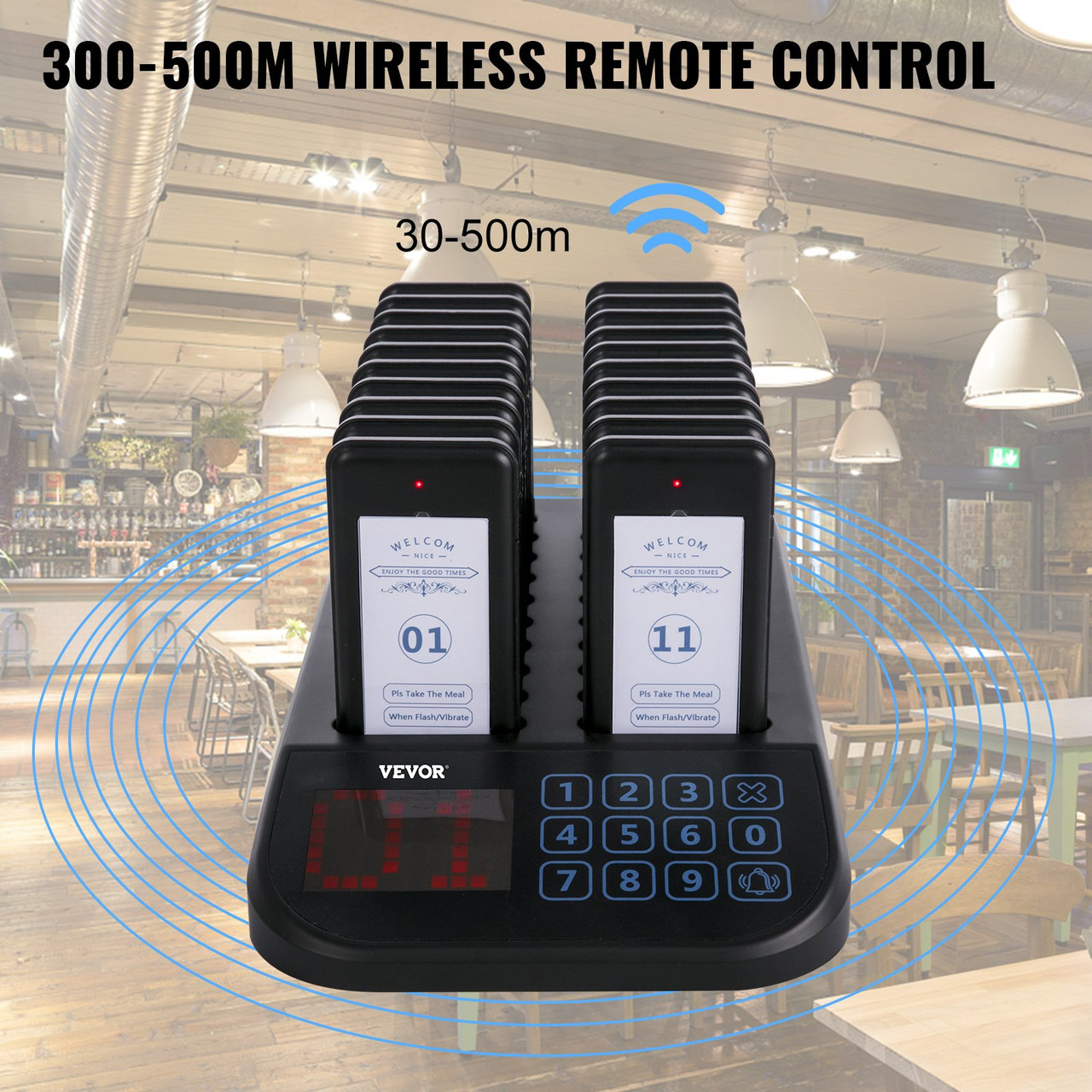 F103 Restaurant Pager System 20 Pagers, Max 98 Beepers Wireless Calling System, Touch Keyboard with Vibration, Flashing and Buzzer for Church, Nurse,Hospital & Hotel