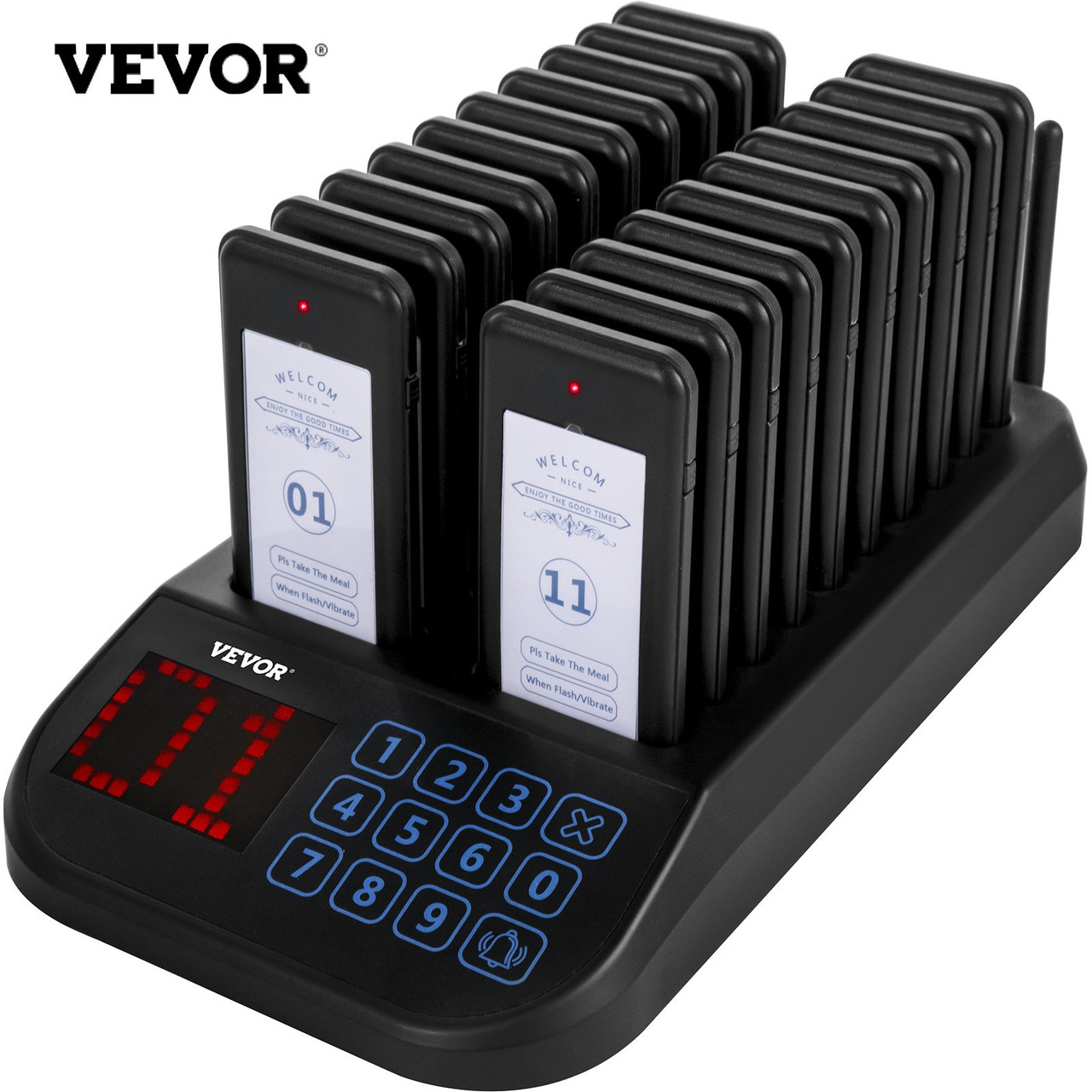 F103 Restaurant Pager System 20 Pagers, Max 98 Beepers Wireless Calling System, Touch Keyboard with Vibration, Flashing and Buzzer for Church, Nurse,Hospital & Hotel