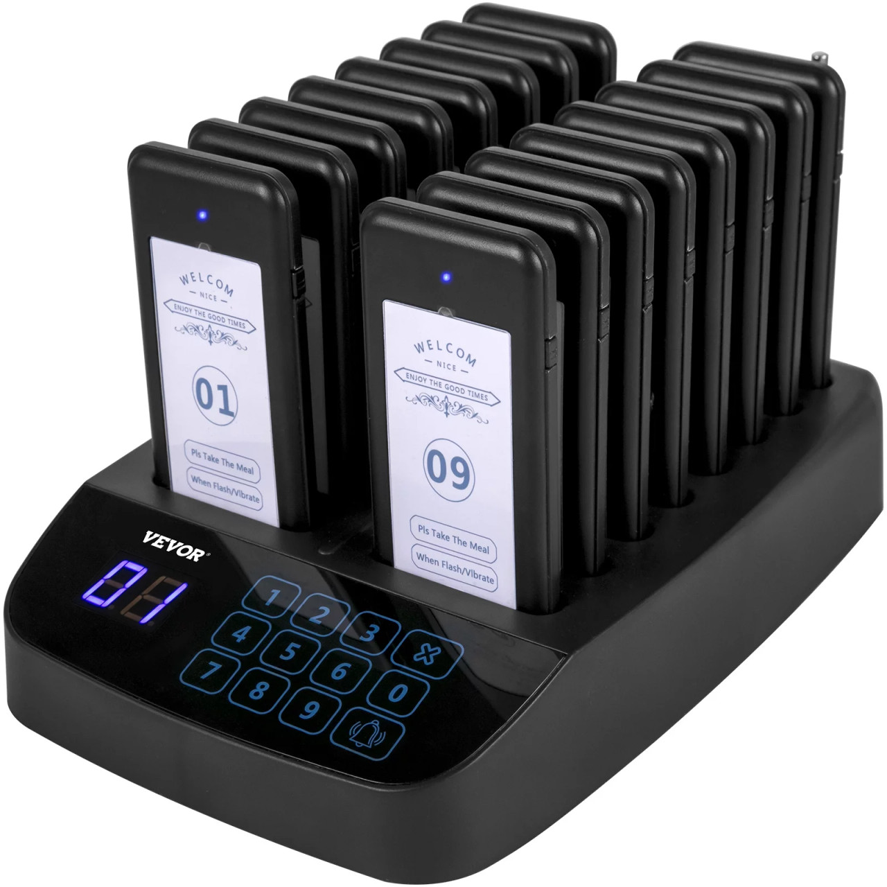 F101 Restaurant Pager System 16 Pagers, Max 98 Beepers Wireless Calling System, Touch Keyboard with Vibration, Flashing and Buzzer for Church,