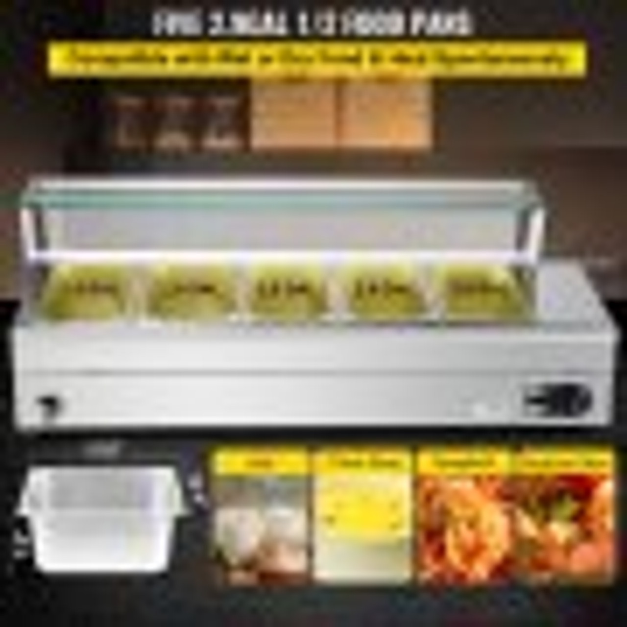 Commercial Food Warmer, 5 x 1/2 Pans, 44 Qt Electric Bain Marie with 6" Deep Pans, Stainless Steel Steam Table with Tempered Glass Shield, 1500W Countertop Buffet Warmer with Lids & Ladles, 110V