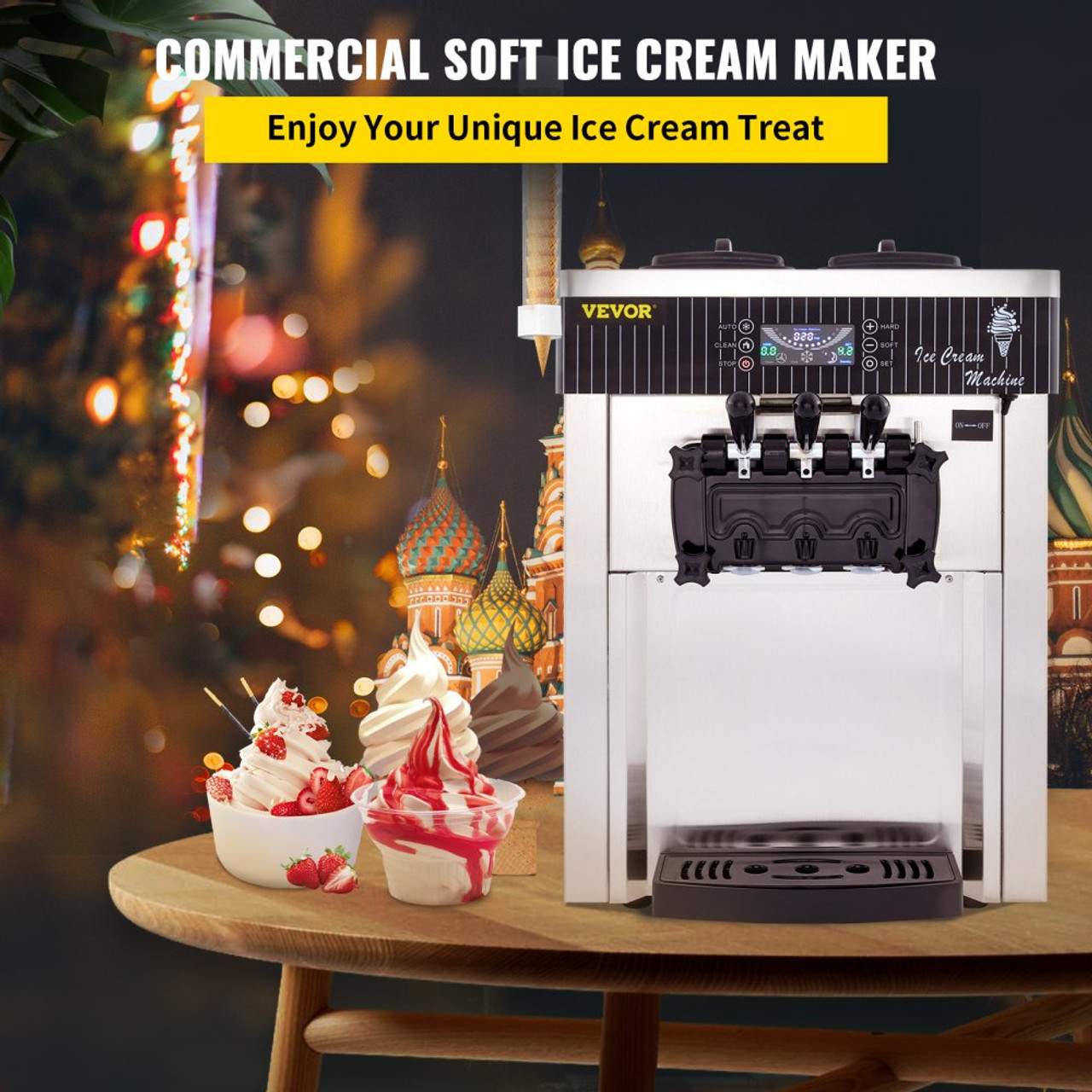 Commercial Ice Cream Machine 5.3 to 7.4Gal per Hour Soft Serve with LED Display Auto Clean 3 Flavors Perfect for Restaurants Snack Bar, 2200W, Sliver