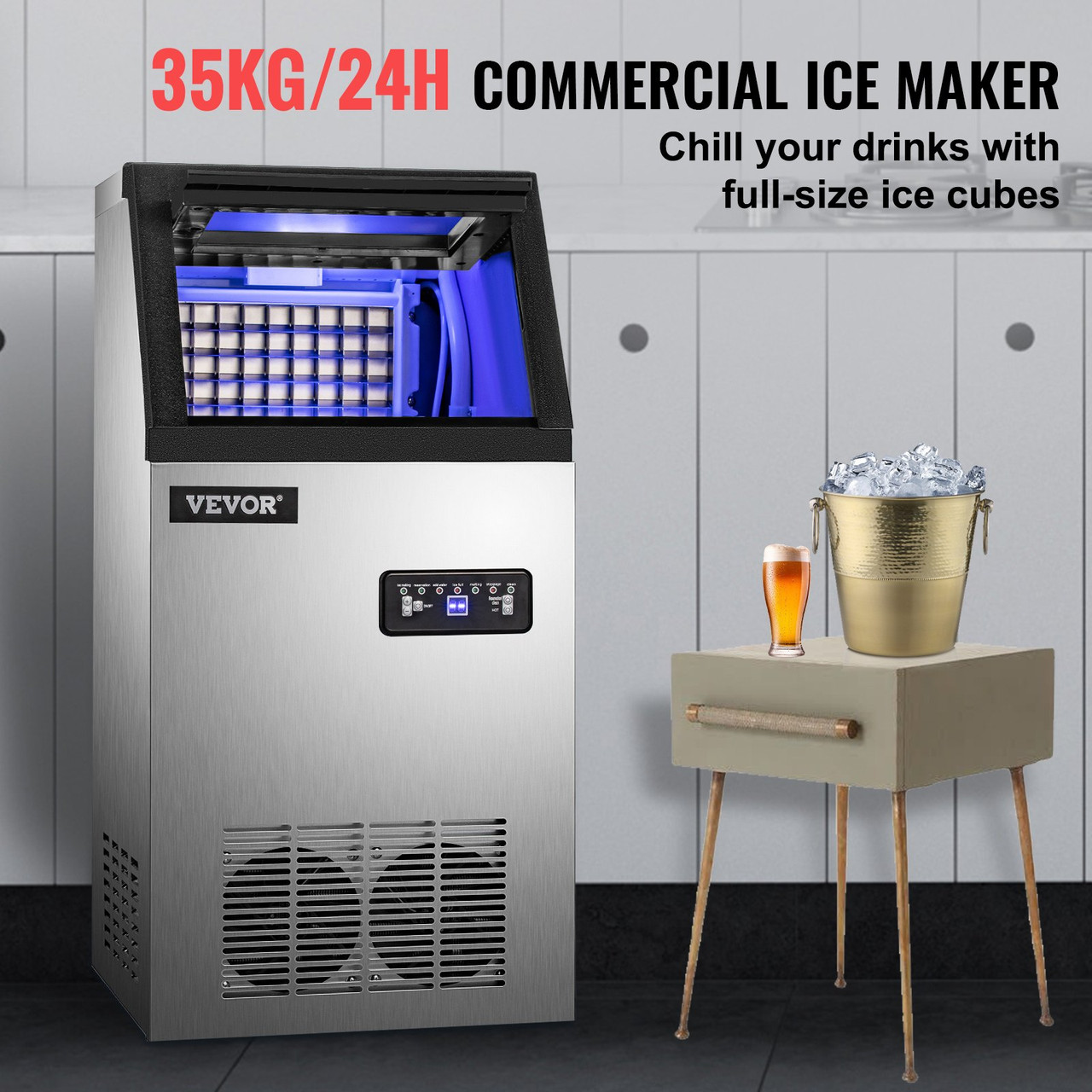 110V Commercial Ice Maker 120LBS/24H with 22LBs Storage Ice Maker Machine Stainless Steel Portable Automatic Ice Machine with Scoop and Connection Hoses Perfect for Restaurants Bars Cafe