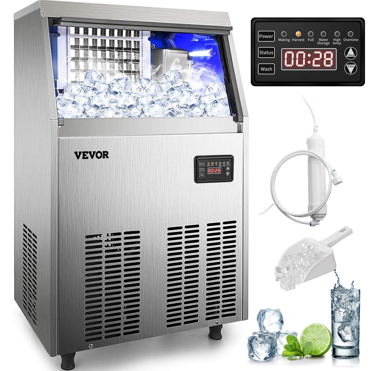 110V Commercial Ice Maker Machine 120-130LBS/24H with 33LBS Bin, Stainless Steel Automatic Operation Under Counter Ice Machine for Home Bar, Include Water Filter, Scoop, Connection Hose