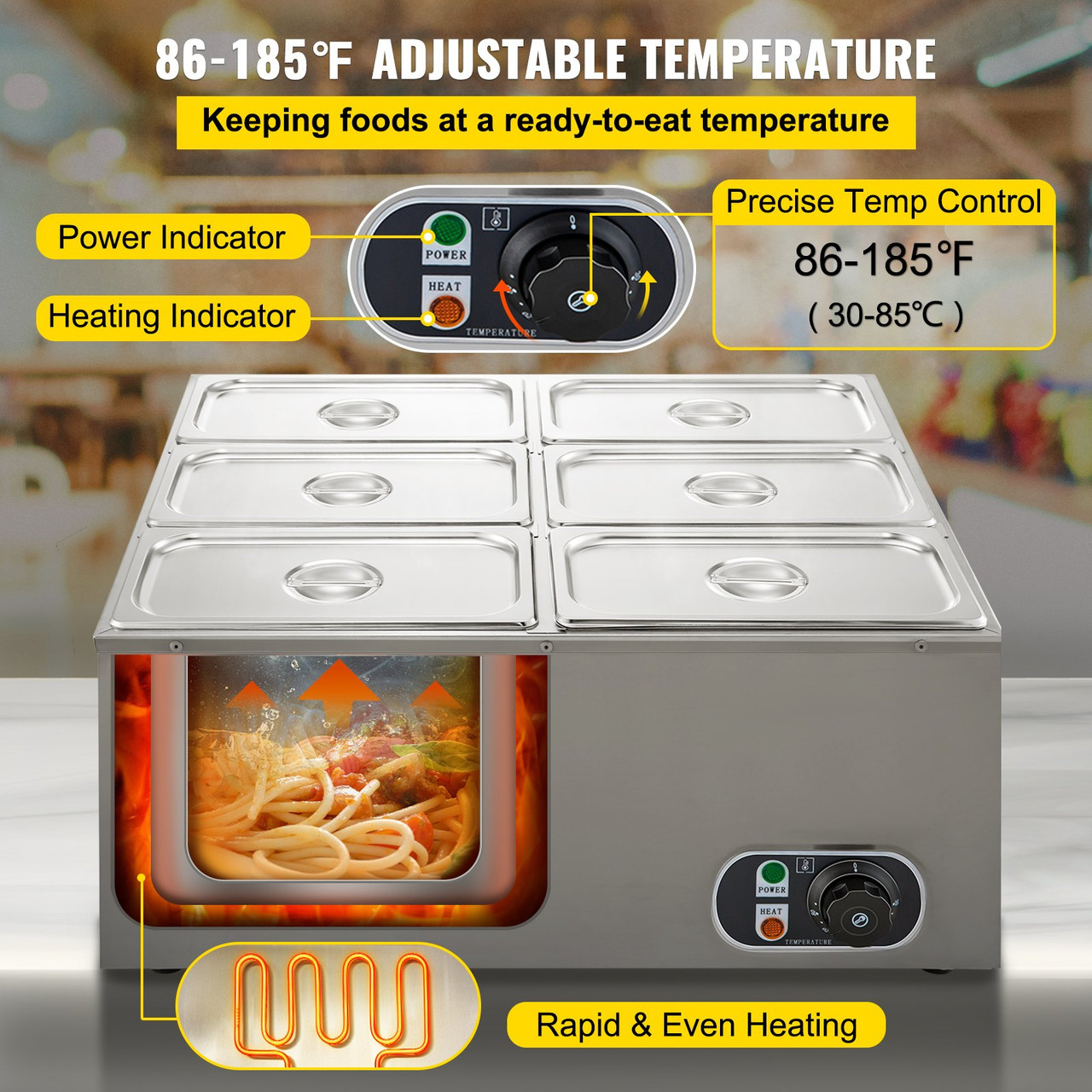 110V 6-Pan Commercial Food Warmer, 1200W Electric Steam Table 15cm