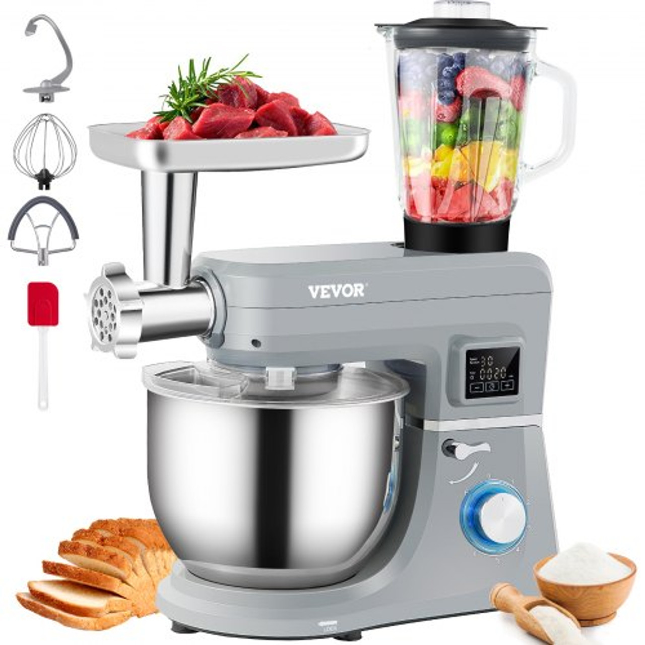 VEVOR 6 in 1 Stand Mixer, 450W Tilt-Head Multifunctional Electric Mixer with 6 Speeds LCD Screen Timing, 7.4qt Stainless Bowl, Dough Hook, Flat