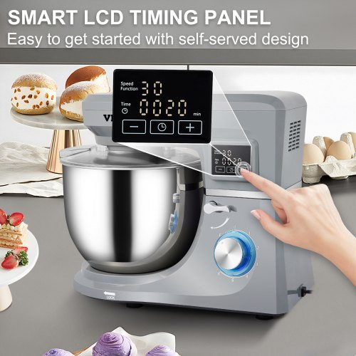 5 IN 1 Stand Mixer, 660W Tilt-Head Multifunctional Electric Mixer with 6 Speeds LCD Screen Timing, 7.4 Qt Stainless Bowl, Dough Hook, Flat Beater, Whisk, Scraper, Meat Grinder, Juice Cup - Gray
