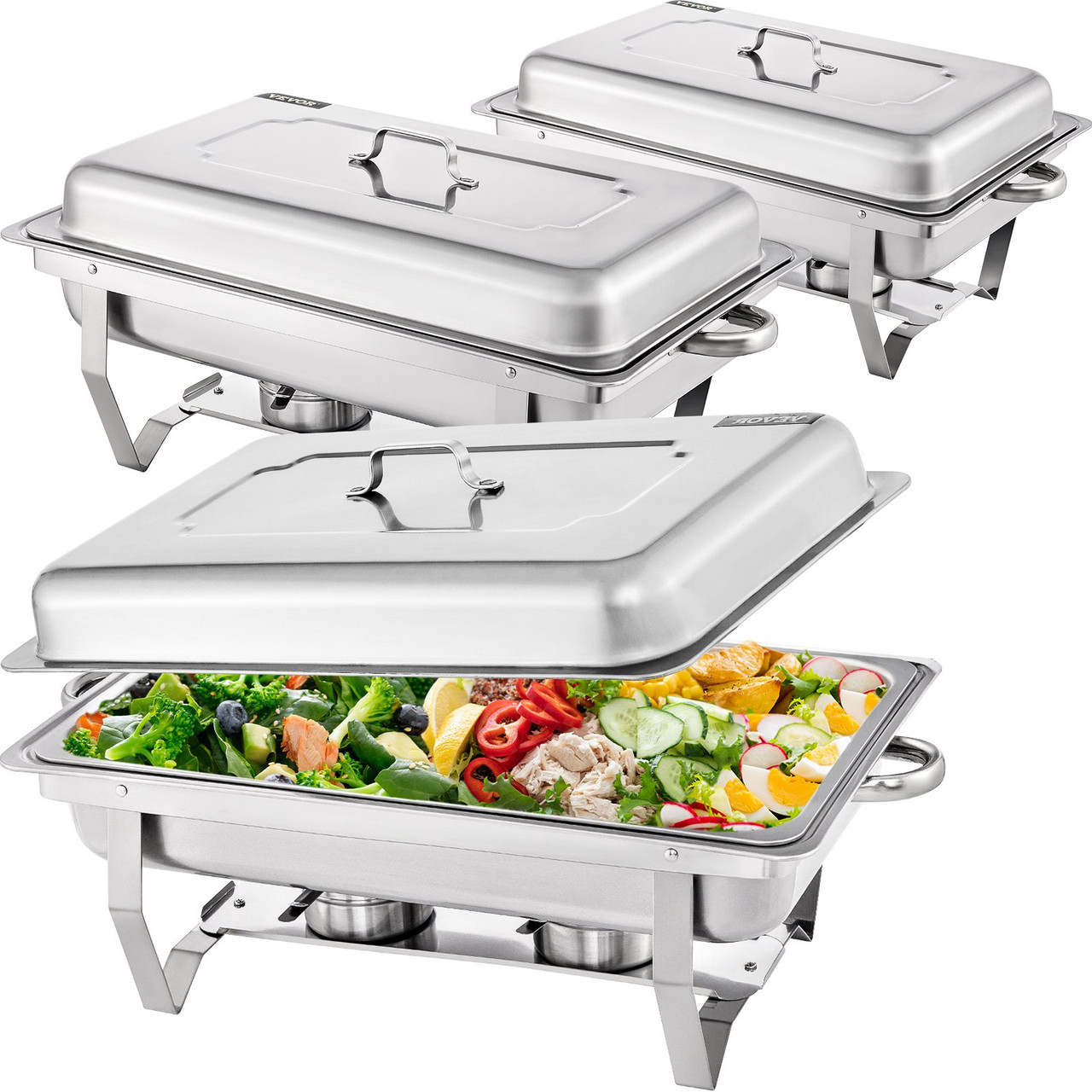 Chafing Dish 3 Packs, 9 Quart Stainless Steel Chafer Complete Set, Rectangular Chafers for Catering Buffet Warmer Set with Folding Frame