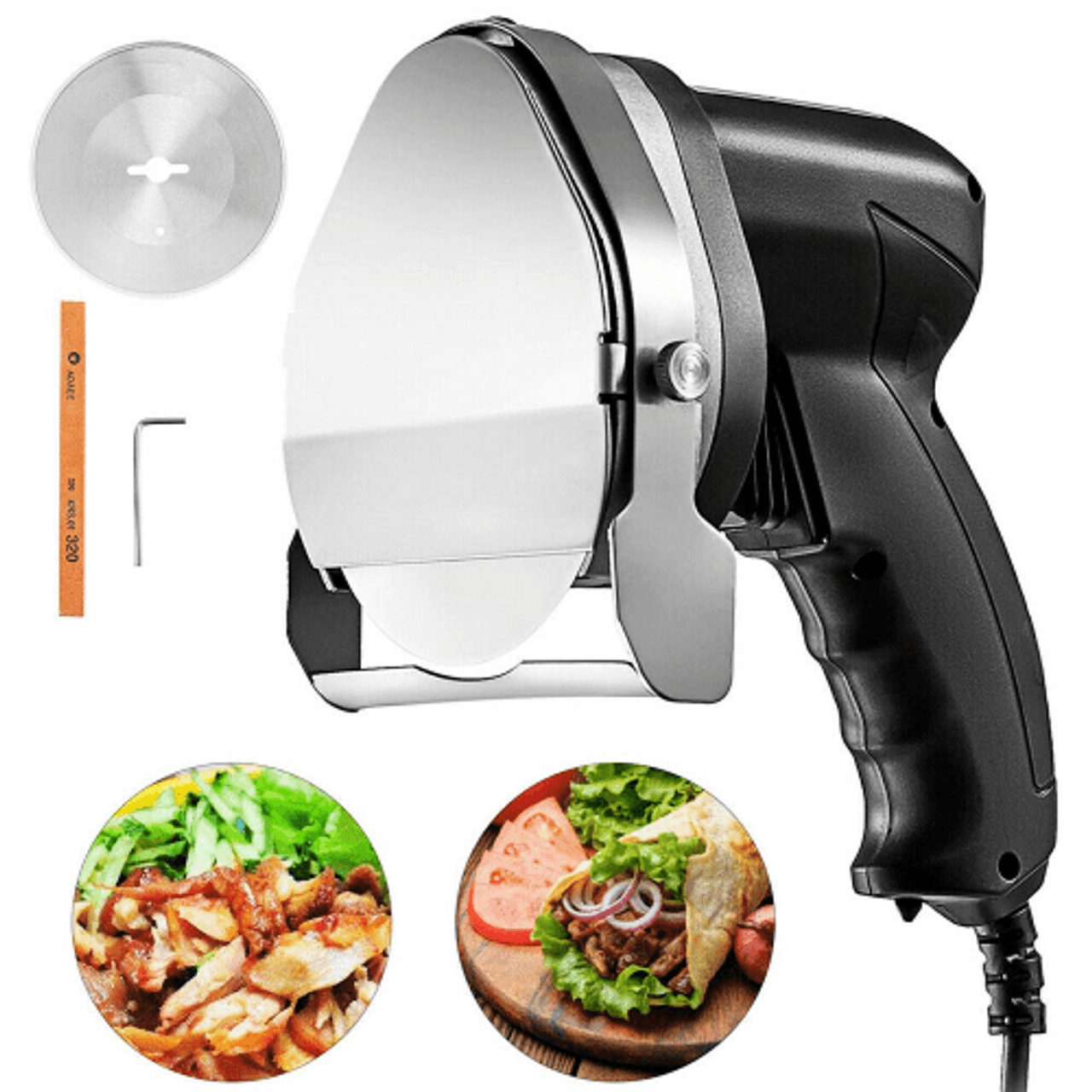 110V Electric Shawarma 80W Professional Turkish Kebab Knife Stainless Steel Commercial Gyro Cutter 2800 RPM With 2 Blades ?3.93/100mm Adjustable Thickness 0-8 mm