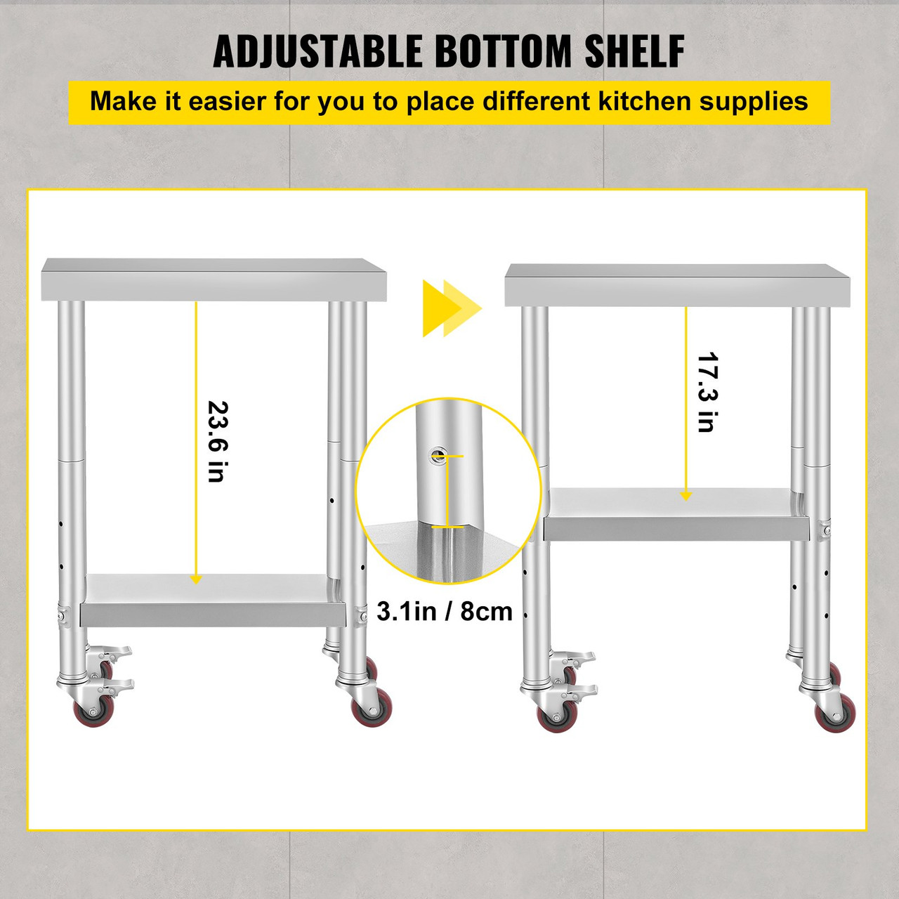 Stainless Steel Work Table with Wheels 24 x 12 x 32 Inch Prep Table with 4 Casters Heavy Duty Work Table for Commercial Kitchen Restaurant Business