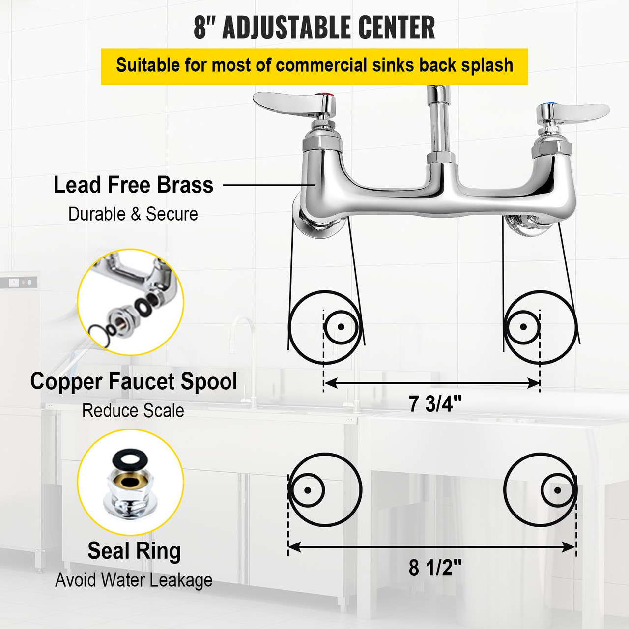 Commercial Faucet with Pre-Rinse Sprayer, 8" Adjustable Center Wall Mount Kitchen Faucet with 12" Swivel Spout, 43" Height Compartment Sink Faucet for Industrial Restaurant, Lead-Free Brass