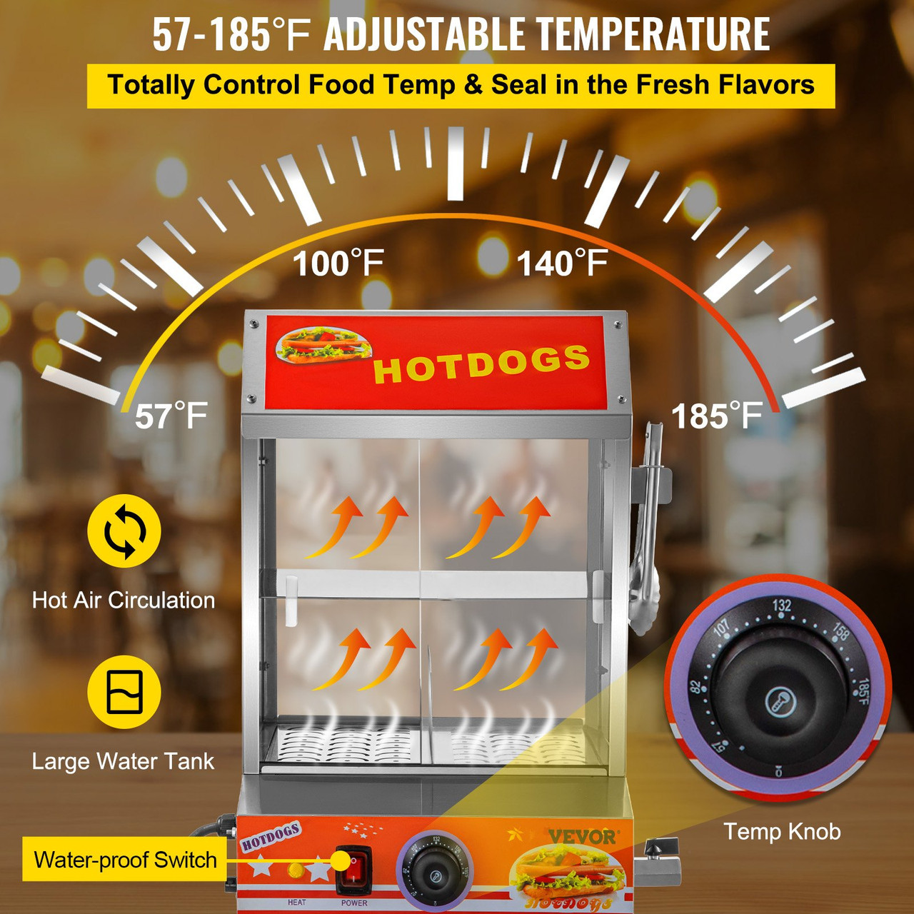 Hot Dog Steamer, 27L/24.52Qt, 2-Tier Hut Steamer for 175 Hot Dogs & 40 Buns, Electric Bun Warmer Cooker with Tempered Glass Slide Doors Partition Plate Food Clip PTFE Tape, Stainless Steel