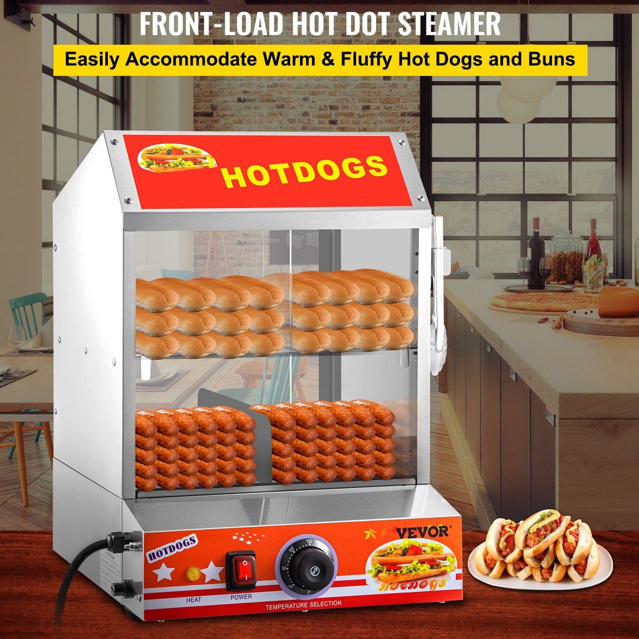 Hot Dog Steamer, 27L/24.52Qt, 2-Tier Hut Steamer for 175 Hot Dogs & 40 Buns, Electric Bun Warmer Cooker with Tempered Glass Slide Doors Partition Plate Food Clip PTFE Tape, Stainless Steel