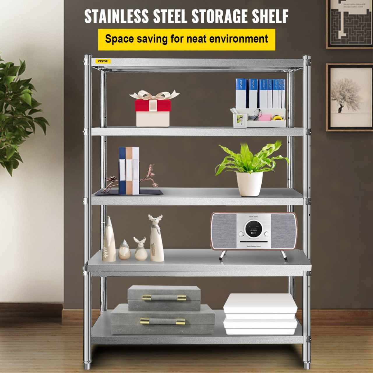Storage Rack, 5 Tier Shelf Adjustable Stainless Steel Shelves, Sturdy Metal Shelves Heavy Duty Shelving Units and Storage for Kitchen Commercial