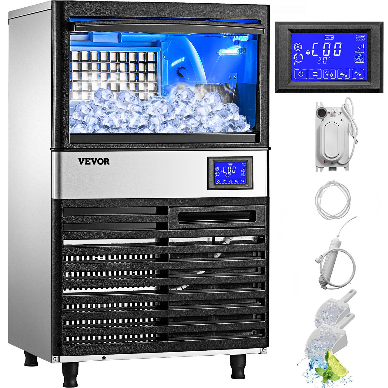 110V Commercial ice Maker Machine 155LBS/24H with 39LBS Bin and Electric Water Drain Pump, Stainless Steel Ice Machine, Auto Operation, Include Water Filter 2 Scoops and Connection Hose