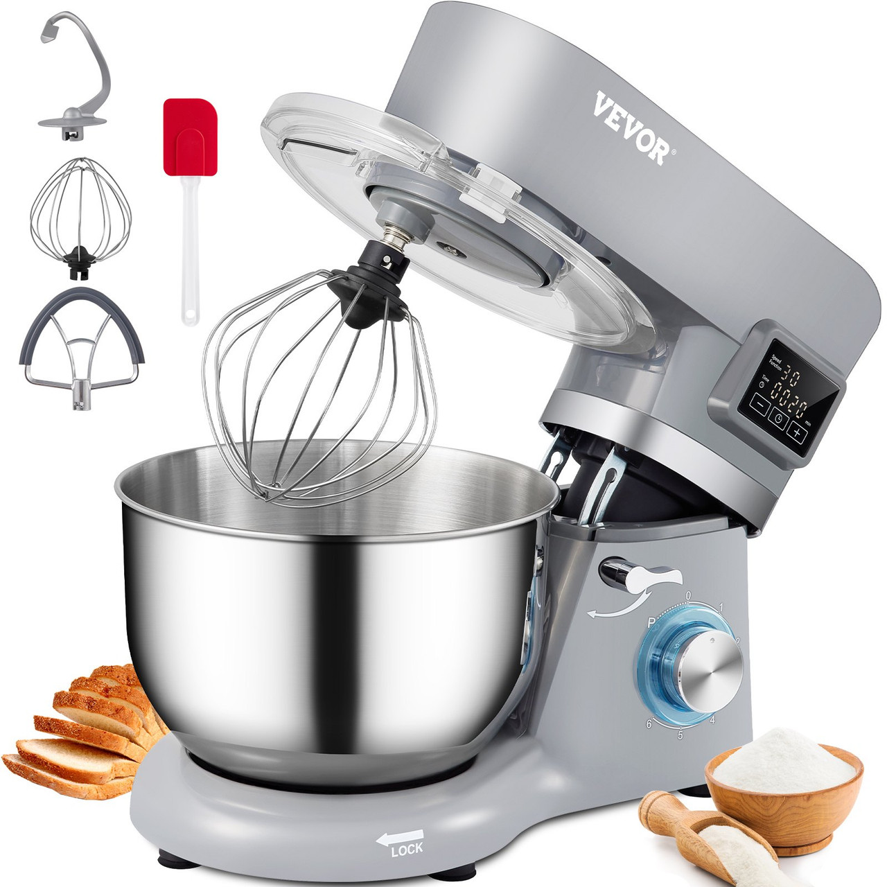 Stand Mixer, 660W Electric Dough Mixer with 6 Speeds LCD Screen Timing, Tilt-Head Food Mixer with 5.8 Qt Stainless Steel Bowl, Dough Hook, Flat Beater, Whisk, Scraper, Splash-Proof Cover - Gray
