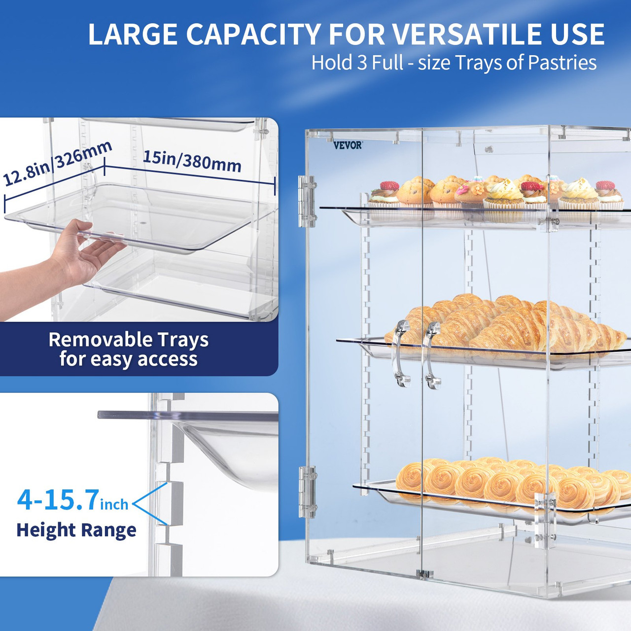 Pastry Display Case, 3-Tier Removable Shelves Bakery Display Case, Clear Acrylic 21.7" x 15.7" x 15.7" Donut Display Box w/Rear Door Access, Counter