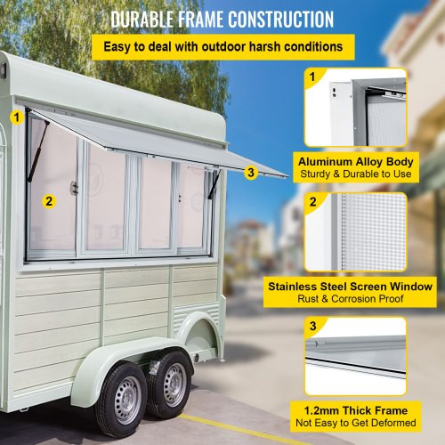 Concession Window, 60 x 36 inch, Aluminum Alloy Food Truck Service Window with 4 Horizontal Sliding Screen Windows & Awning Door & Drag Hook, Serving Window for Food Trucks Concession Trailers