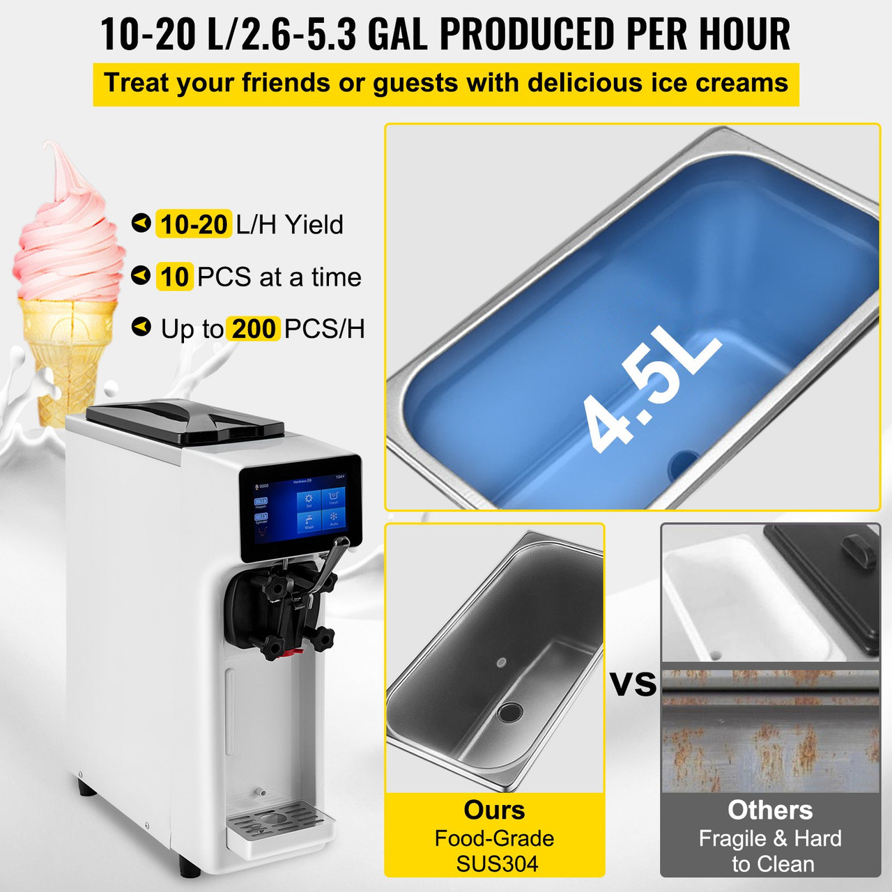 VEVOR Commercial Ice Cream Maker,20-28L/H Yield,2+1 Flavors Soft