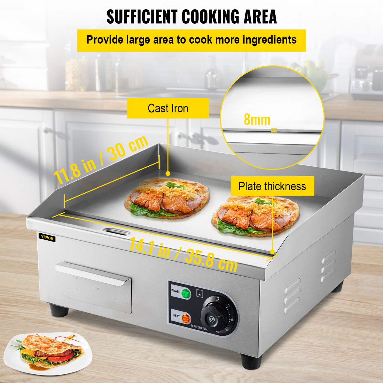 14" Electric Countertop Flat Top Griddle 110V 1500W Non-Stick Commercial Electric Griddles Restaurant Teppanyaki Grill Stainless Steel Adjustable Temperature Control 122Ã¸F-572Ã¸F, Sliver