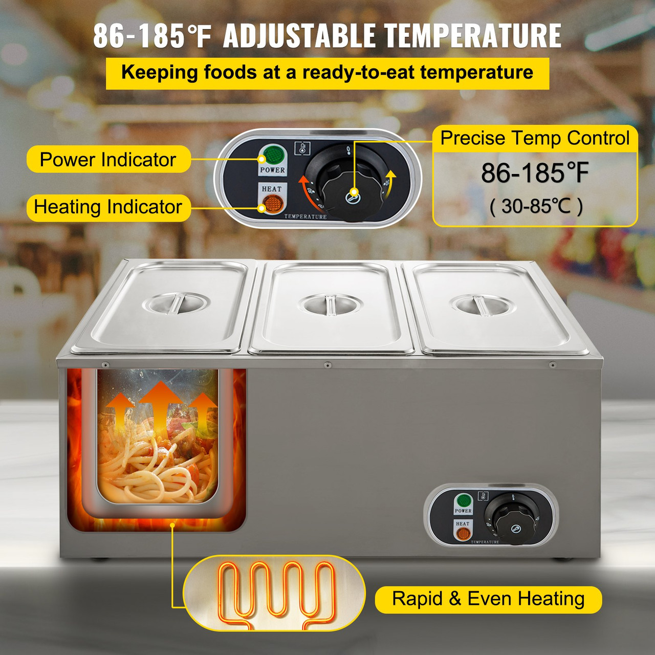 VEVOR 6-Pan Commercial Food Warmer 1200-Watt Electric Steam Table