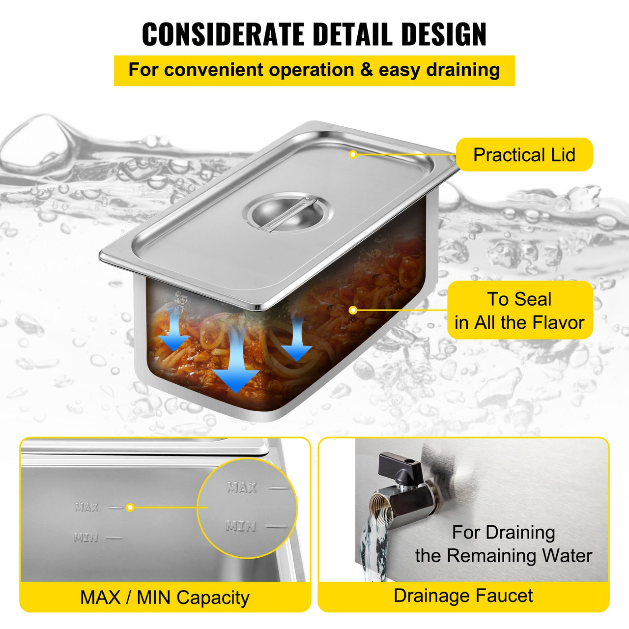 110V 3-Pan Commercial Food Warmer, 1200W Electric Steam Table 15cm/6inch Deep, Professional Stainless Steel Buffet Bain Marie 16 Quart for Catering and Restaurants