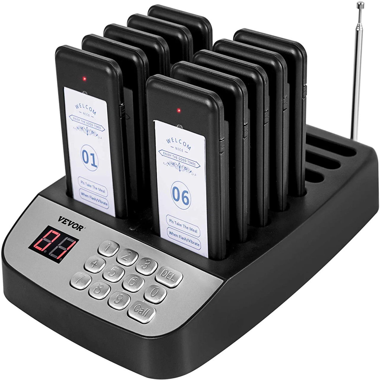 F100 Restaurant Pager System 10 Pagers, Max 98 Beepers Wireless Calling System, Set with Vibration, Flashing and Buzzer for Church, Nurse,Hospital & Hotel