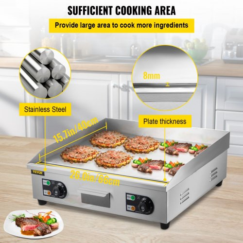 Commercial Electric Griddle, 26" Teppanyaki Grill, 3200W Electric Flat Top Grill, Stainless Steel Electric Countertop Griddle w/Drip Hole, 50-300? Electric Griddle for Pancake, Chicken?No Plug)