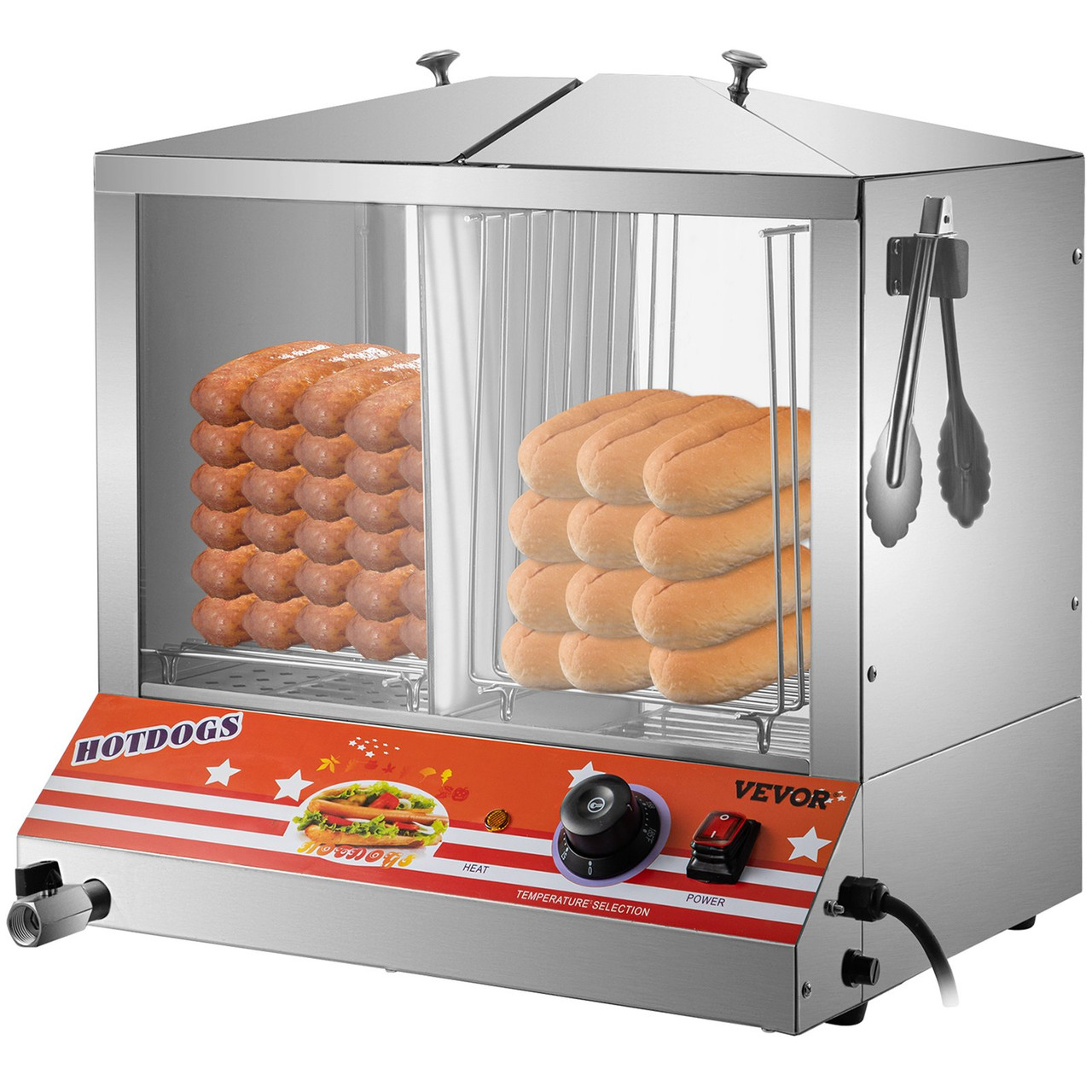 Hot Dog Steamer, 36L/32.69Qt, Top Load Hut Steamer for 100 Hot Dogs & 48 Buns, Electric Bun Warmer Cooker with Acrylic Windows Partition Plate Shelves Food Clip PTFE Tape, Stainless Steel