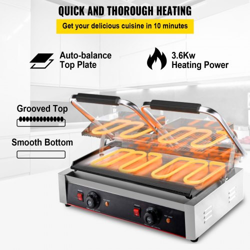 Commercial Sandwich Panini Press Grill,110V 2x1800W Double Up Grooved and Down Flat Plates Electric Stainless Steel Sandwich Maker,Temperature Control 122Ã¸F-572Ã¸F for Hamburgers Steaks Bacons