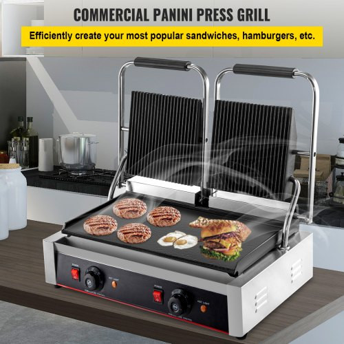 Commercial Sandwich Panini Press Grill,110V 2x1800W Double Up Grooved and Down Flat Plates Electric Stainless Steel Sandwich Maker,Temperature Control 122øF-572øF for Hamburgers Steaks Bacons