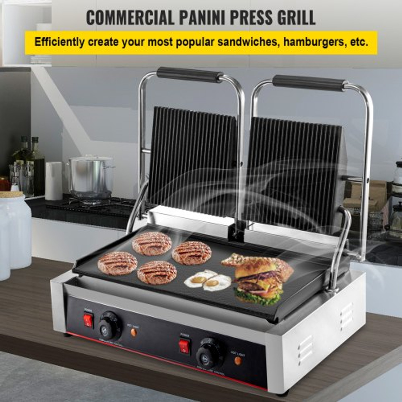 Commercial Sandwich Panini Press Grill, 2X1800W Double Flat Plates Electric  Stainless Steel Sandwich Maker, Temperature Control