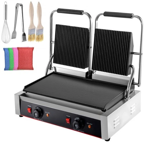 Commercial Sandwich Panini Press Grill,110V 2x1800W Double Up Grooved and Down Flat Plates Electric Stainless Steel Sandwich Maker,Temperature Control 122°F-572°F for Hamburgers Steaks Bacons