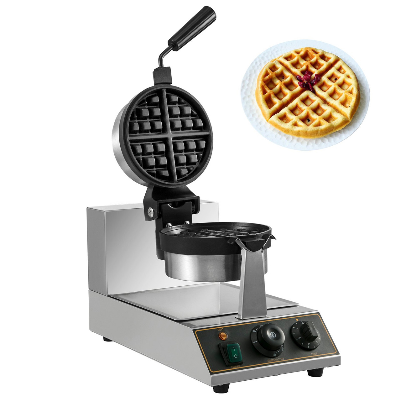 110V Commercial Round Waffle Maker Nonstick Rotated 1100W Electric Waffle Machine Stainless Steel Temperature and Time Control Suitable for Bakeries Snack Bar Family