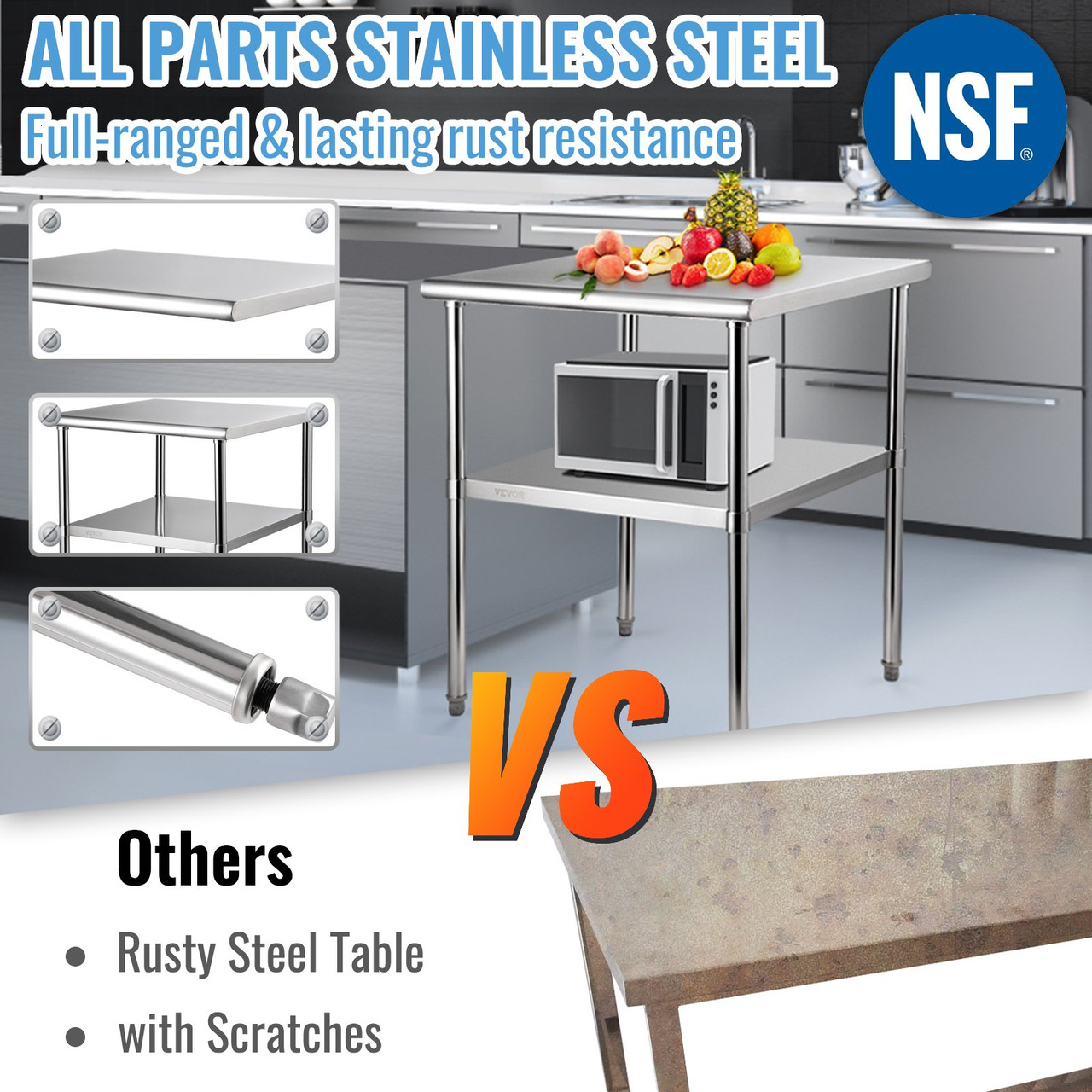 Stainless Steel Prep Table, 30 x 30 x 36 Inch, 800lbs Load Capacity Heavy Duty Metal Worktable with Adjustable Undershelf & Feet, Commercial Workstation for Kitchen Garage Restaurant Backyard