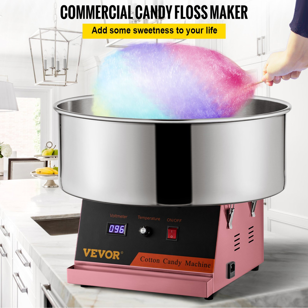 Electric Cotton Candy Machine, 19.7-inch Cotton Candy Maker, 1050W Candy Floss Maker, Pink Commercial Cotton Candy Machine with Stainless Steel Bowl