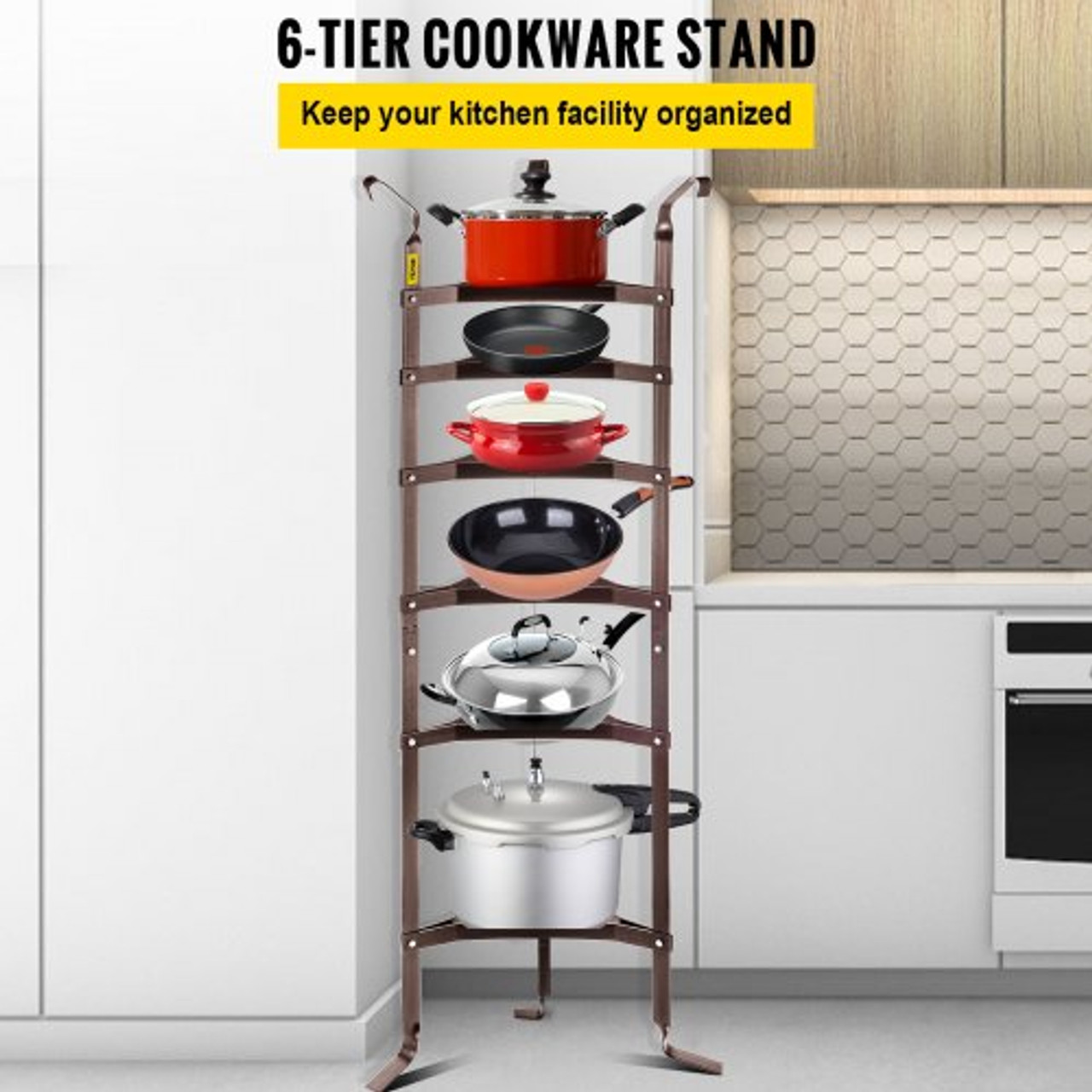 6-Tier Cookware Stand, Carbon Steel Multi-Layer Pot Rack, 61-inch Cookware Shelf, Bronze Cookware Storage Tower, Unassembled Kitchen Corner Shelf Rack for Pans, Pots, Baskets and Kettles Storage
